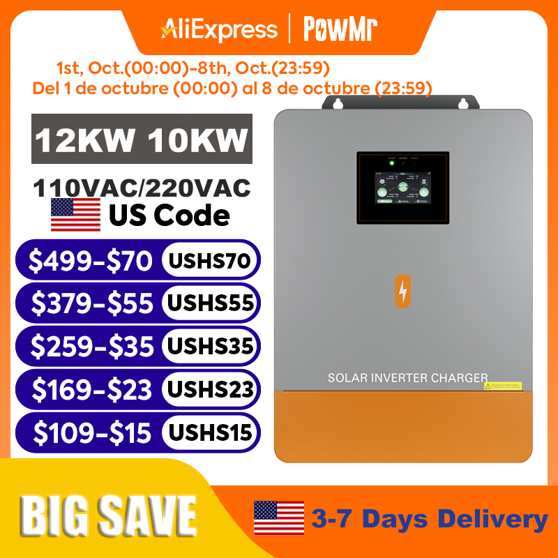Split Phase Inverter 10Kw 110V 220V - PowMr 12KW 10KW 分離型インバーター 110Vまたは220V ハイブリッドソーラーインバーター